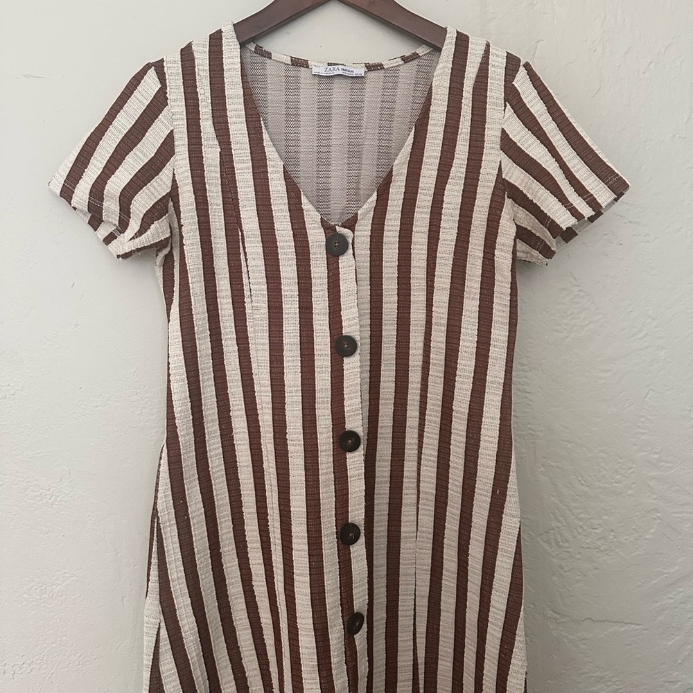 Zara Casual Brown and Cream Scoop Neck Dress